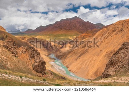 Mountain river stream valley scenery landscape. Summer green mountain hill valley stream panorama. Valley in high mountain. 