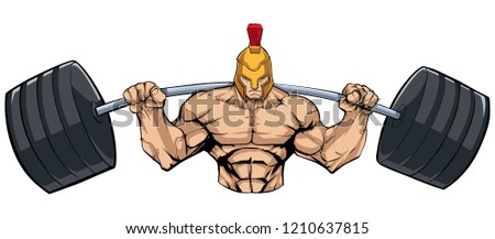 Illustration of strong Spartan warrior doing squats with a barbell, on white background.