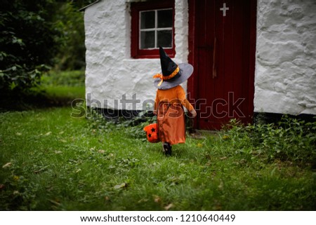 Toddler girl dressed up playing in Halloween party