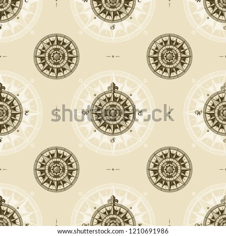 Seamless vintage nautical medieval wind rose pattern. Vector illustration in retro woodcut style with clipping mask.