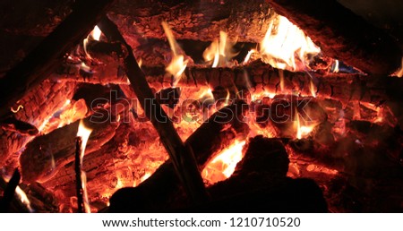 bright flaming of fire and hot wood at night