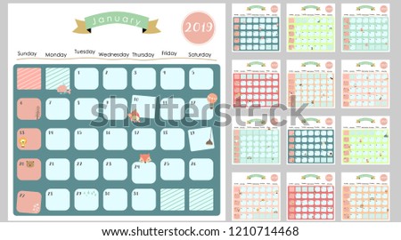 Colorful cute monthly calendar 2019 with lion,fox,cat,bear,balloon.Can be used for web,banner,poster,label and printable