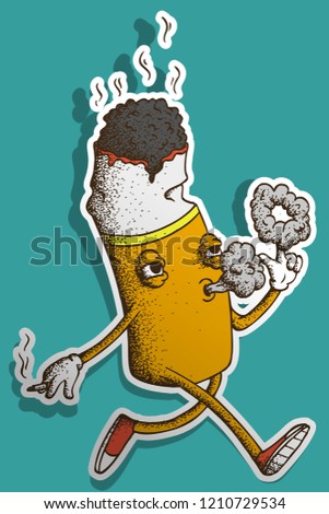 Hand Drawn Dotwork Vector Illustration. Cute Cartoon Character: Animated scorched cigarette butt goes and smokes, holding a cigarette in his hand
