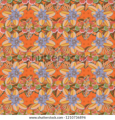 Motley. The elegant the template for fashion prints. Spring floral background. Small colorful flowers. Vector cute pattern in orange, beige and green hibiscus flowers.