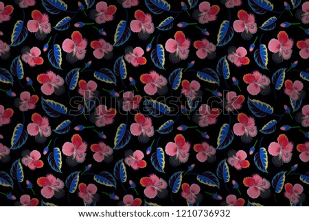 Hibiscus flowers seamless pattern in gray, black and pink colors. Cute raster floral background.