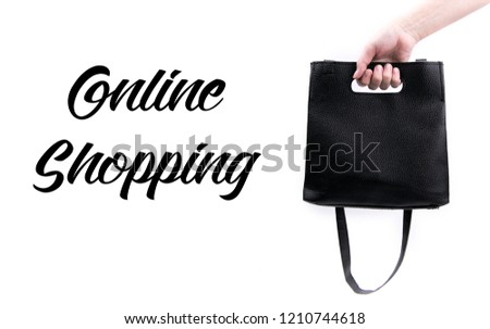 online shopping text, shopping bag, on white background