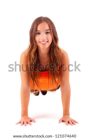 Happy fitness instructor posing isolated over white background