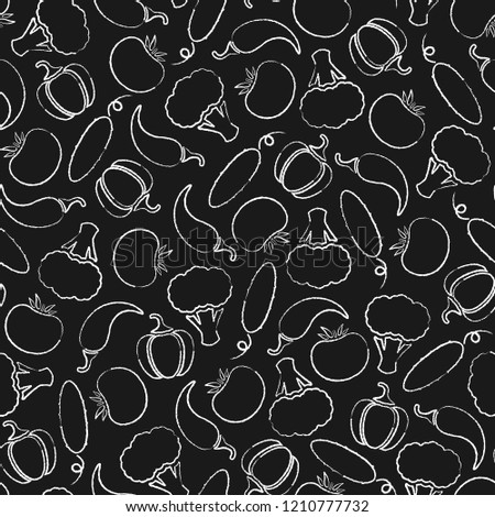 Vintage chalk contour vegetable seamless pattern. Trendy background with chalk silhouette vegetables on black chalkboard. Seamless vector illustration for wrapping paper, restaurant menu pattern