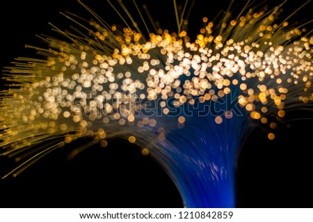 Twisted bundle of nylon fibers connected to light source and transmitting light. Royalty-Free Stock Photo #1210842859