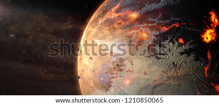 Landscape in fantasy alien hot exoplanet in deep space. Elements of this image furnished by NASA.