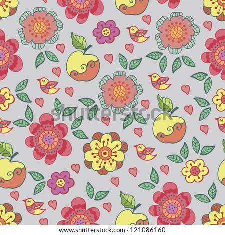 Retro pattern with flowers and birds