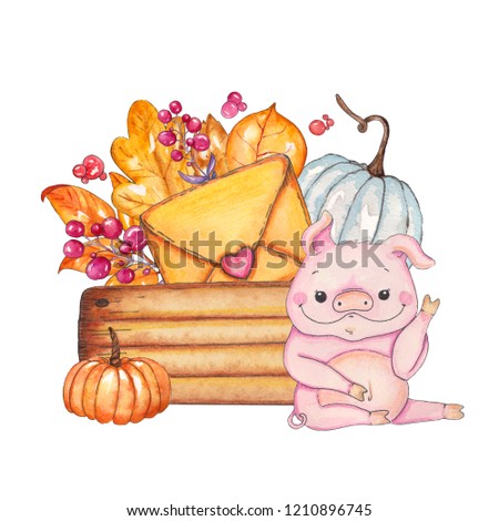 Mail with pumpkins, leaves and pig in box. Hand drawn watercolor painting on white background. Autumn vegetables. It is perfect for thanksgiving cards or halloween design
