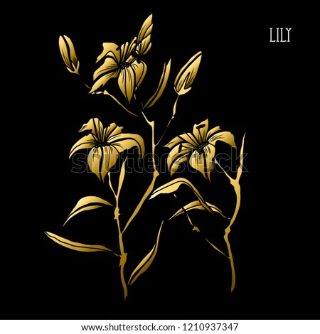 Decorative lily flowers, design elements. Can be used for cards, invitations, banners, posters, print design. Golden flowers