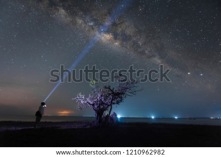 Man standing alone under the bright milky way. oft focus and noise due to long expose and high iso.