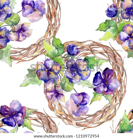 Watercolor purple bouquet of viola flower. Floral botanical flower. Seamless background pattern.Fabric wallpaper print texture. Aquarelle wildflower for background, texture, wrapper pattern, frame.