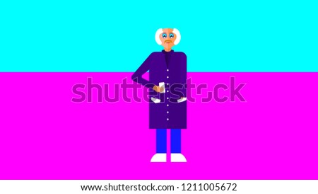 Vector man illustration, holding the smartphone and watching at the screen on blue and pink background