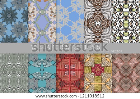 Collection of seamless patterns. Abstract design elements in set. Colored decorative repainting background with tribal and ethnic motifs 