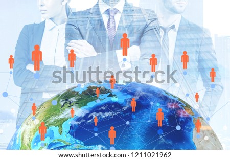 People city network above earth over morning cityscape background with business leaders. International business concept. Toned image double exposure Elements of this image furnished by NASA