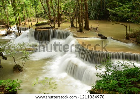 Scenic view of waterfall in the forest (field of butterfly),huai mae khamin waterfall,kanchanaburi,thailand.