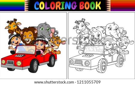 Coloring book with funny kids and animal cartoon on red car