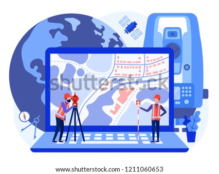 Concept cadastral engineers, surveyors and cartographers produce geodetic survey of the area using theodolite and map on a laptop. Vector flat illustration. Royalty-Free Stock Photo #1211060653