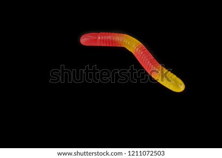 gummy jelly worm candy on a black background.