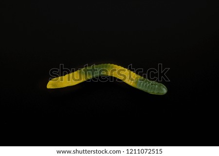 gummy jelly worm candy on a black background.