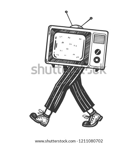 TV walks on its feet engraving vector illustration. Scratch board style imitation. Black and white hand drawn image.
