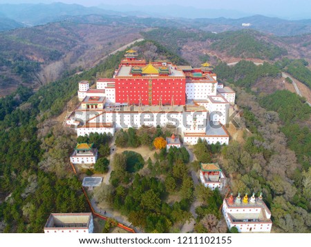 Aerial view of The Putuo Zongcheng Buddhist Temple, one of the Eight Outer Temples of Chengde, built between 1767 and 1771 and modeled after the Potala Palace of Tibet. Chengde Mountain Resort. China