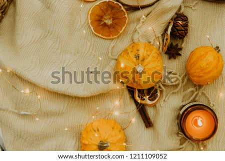 Flat lay Autumn composition. Pumpkins, candles 