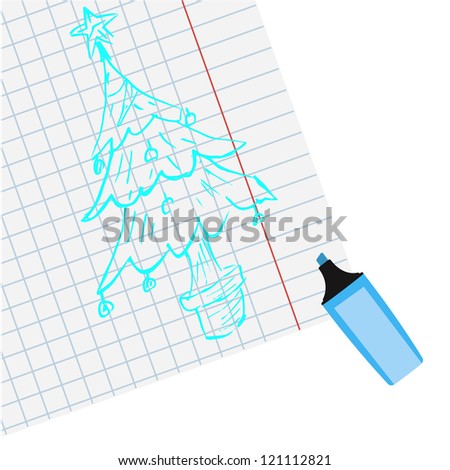 marker painted blue Christmas tree on notebook sheet on a white background