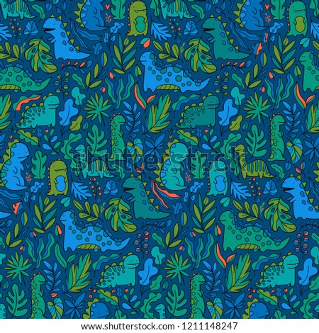 Cute dinosaurs seamless pattern design. Funny dinos wallpaper image. Tileable illustration for fabric textile, wrapping paper or background texture.