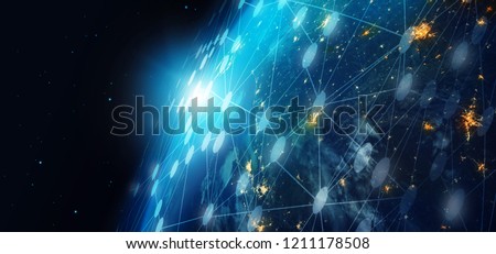Communication technology and internet worldwide for business. Global world network connected and telecommunication on earth cryptocurrency, blockchain and IoT. Elements of this image furnished by NASA Royalty-Free Stock Photo #1211178508