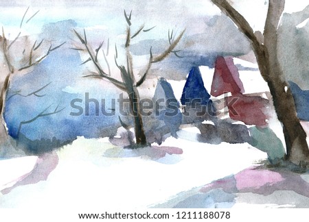 The houses stands among the trees, it's snowing. Watercolor illustration.