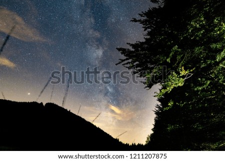 Milky way during evening in Vosges mountains - Lake Lispach. France. A black night with a sky and star