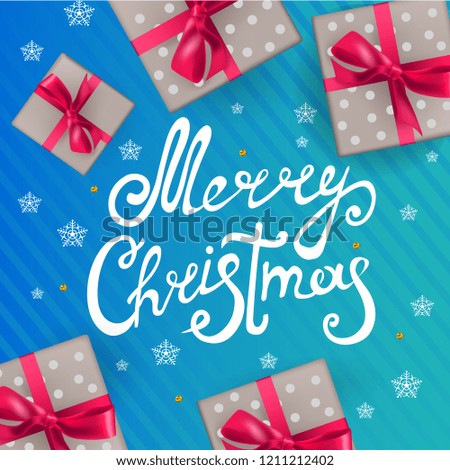merry Christmas, snowflakes gifts background, realistic vector illustration