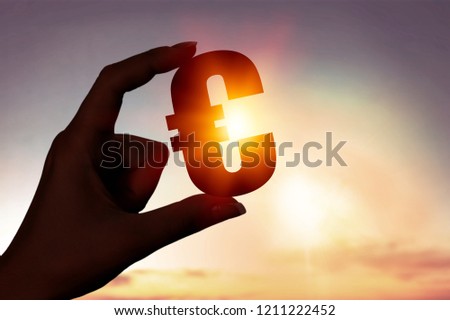 man's hand hold the Euro icon silhouette against sunny blue, yellow sky. sun rays. euro sign, symbol of money, idea of Euro Union