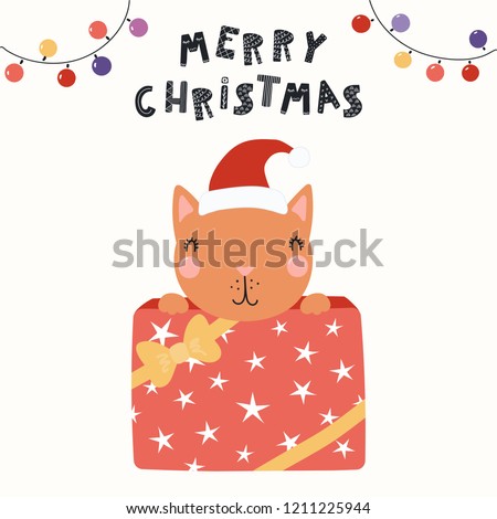 Hand drawn vector illustration of a cute funny cat in a Santa hat hiding in a gift box, with text Merry Christmas. Isolated objects on white. Scandinavian style flat design. Concept for card, invite.
