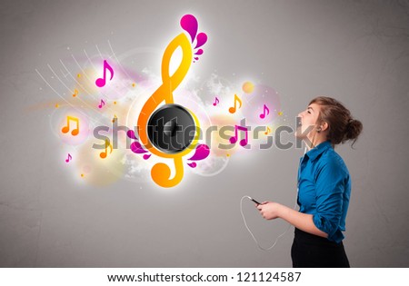 pretty girl singing and listening to music with musical notes getting out of her mouth
