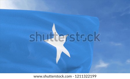 Somalia fabric flag waving in the blue sky. 3D rendering.
