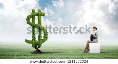 Elegant businesswoman with suitcase in hand sitting on white cube and green dollar tree