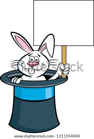 Cartoon illustration of a rabbit in a top hat and holding a sign.