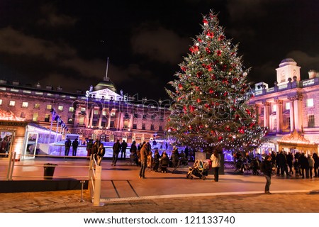 Somerset place (central London) pictured at night with Christmas tree and ice-skating rink