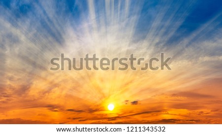 Nature panorama background sky and sun with silver lining, dawn or dusk time scene