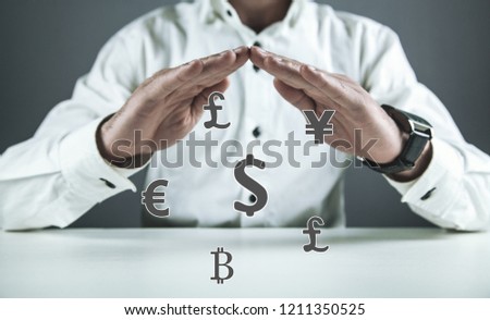 Man protect currency symbols. Money protection