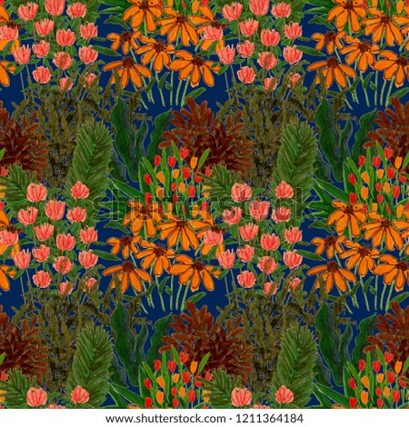 Creative artistic floral background. Hand drawn seamless pattern with wildflowers.
