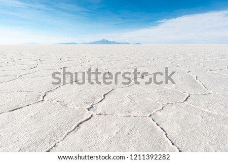 Hexagon salt formations in the Uyuni Salt Flat (Salar de Uyuni) during daytime, Bolivia, South America.