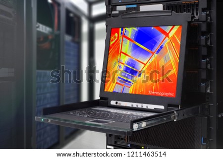 Thermal imaging show on Computer display in Data Center, Server Room Royalty-Free Stock Photo #1211463514