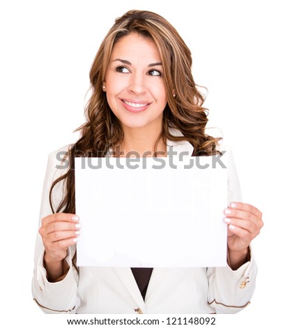 Businesswoman with a banner ad - isolated over a white background