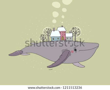Beautiful cartoon whale and winter landscape. New Year card. Fabulous fish